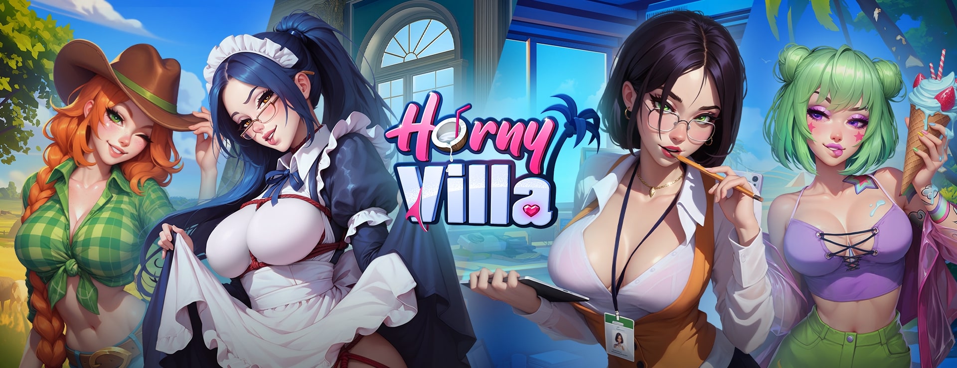 Horny Villa key art showing the villa and its characters